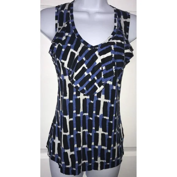 Banana Republic Blue Black White Ruffled Rayon Lyocell Knit Tank Sz XS - Picture 2 of 8